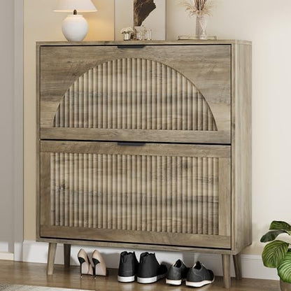 Fluted Grey Shoe Cabinet with 2 Flip Drawers, Narrow Wood Shoe Storage Cabinet, Slim Shoe Rack for Entryway, Freestanding Shoe Cabinet for Living Room, Hallway