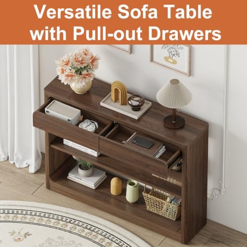 FATORRI Console Table with 2 Drawers, 43.3 Inch Farmhouse Narrow Entryway Table with Storage Shelves, Rustic Sofa Tables Behind the Couch for Hallway, Living Room, Foyer (Dark Walnut)