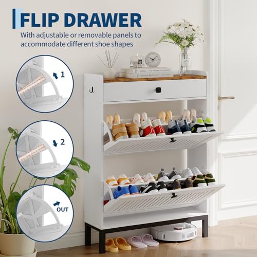 IDEALHOUSE Shoe Cabinet with 2 Flip Drawers and 1 Top Drawer, White