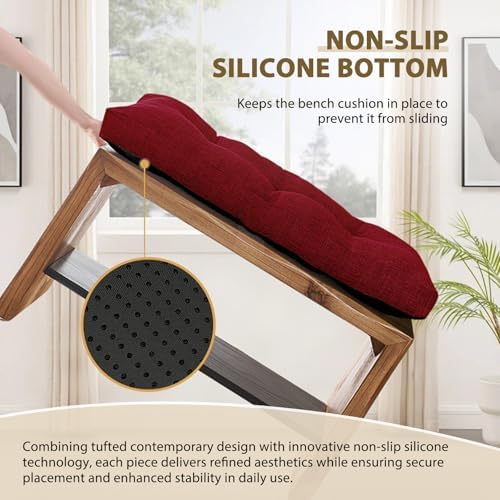 downluxe Indoor Bench Cushion for Indoor Furniture, Non-Slip Tufted Overstuffed Textured Foam Bench Seat Cushion, 36" X 14" X 4", Burgundy, 1 Pack