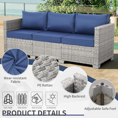 WAROOM Outdoor Couch 3 Seater Wicker Patio Sofa Grey Rattan Balcony Furniture Deep Seat Porch Seating, Navy Blue Cushion