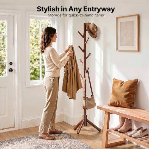 AMADA Solid Wooden Coat Rack Freestanding with 8 Hooks, Walnut