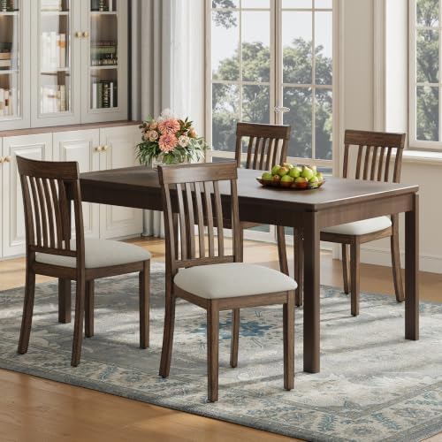Wooden Dining Chairs Set of 4 with Walnut Wood Legs and Cushion Seat