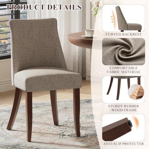 COLAMY Upholstered Dining Chairs Set of 4, Mid Century Modern Kitchen Chairs with Back, Farmhouse Fabric Side Dining Room Chairs with Wood Legs for Dining Room Restaurant, Brown