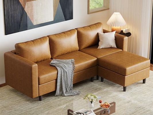 ABCASA Faux Leather Modular Sectional Sofa, 91.5" L Shaped Couch Set for Living Room, 3-Seater Comfy Cloud Couches with Movable Storage Ottoman,DIY Combination - Brown