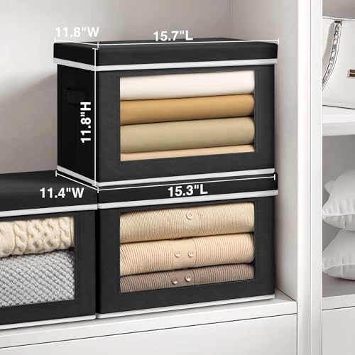 Storage Bins with Lids, 4 Pack Large Storage Cubes with Window, Closet Bins with Lids & Handles, Fabric Box for Organizing Clothes, Towels, Books, Black