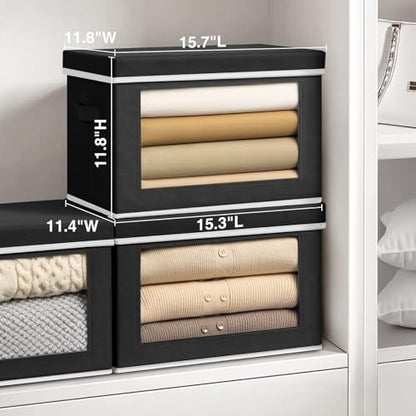 Storage Bins with Lids, 4 Pack Large Storage Cubes with Window, Closet Bins with Lids & Handles, Fabric Box for Organizing Clothes, Towels, Books, Black