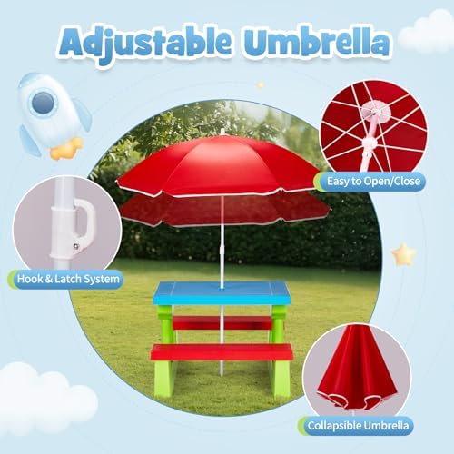 JOYMOR Kids Picnic Table with Removable Umbrella, Plastic Kids Activity Table for Outdoors, Toddler Table and Bench Set for Ages 3+, Ideal for Garden, Patio, Coloful