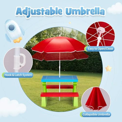 JOYMOR Kids Picnic Table with Removable Umbrella, Plastic Kids Activity Table for Outdoors, Toddler Table and Bench Set for Ages 3+, Ideal for Garden, Patio, Coloful