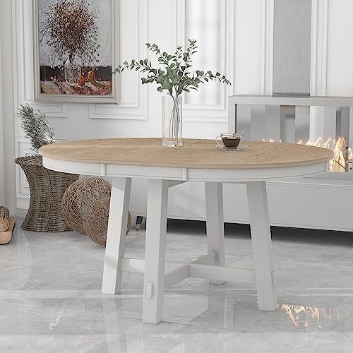Knocbel Farmhouse Extendable Round Dining Table, Kitchen Dining Room Table with X-Shaped Base, 300lbs Weight Capacity, Standard Height, Oak with Antique White Table