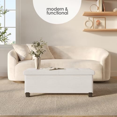 Storage Ottoman Bench with Bins, 43-in Storage Bench for Bedroom End of Bed, Folding Foot Rest Ottoman for Living Room Max 660lbs, Fabric Ottomans, Beige