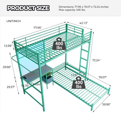 Bellemave Twin Over Twin bunk Bed with Desk and LED Charging Station, loft Bed with Desk and Shelves Drawer, Twin Over Twin Metal Bunk Beds with Storage, Green