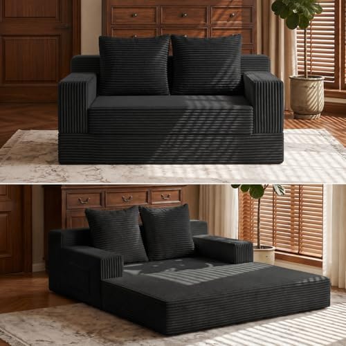 Boneless Loveseat Couch Folding Sofa Bed, Foldable Floor Futon Sleeper Couch Bed - Convertible Sofa Bed, Corduroy Pull Out Sofa Bed with 2 Pillows for Living Room & Bedroom