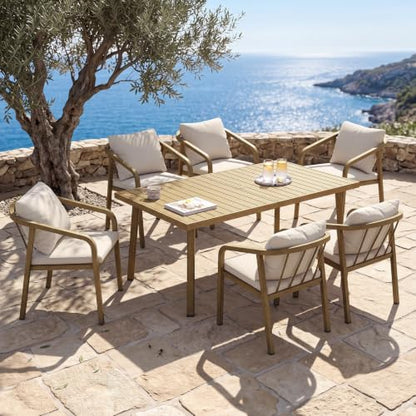 7-Piece Patio Dining Set, Never-Rust Aluminum Outdoor Dining Set for 6, Rectangular Outdoor Table and Chairs Set with Washable Cushions, Patio Furniture Set for Poolside, Deck, Backyard, Teak