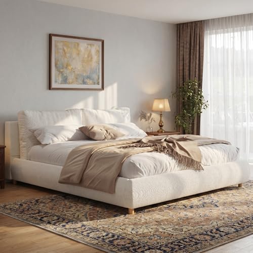 Merax King Boucle Platform Bed with 2 Removable Headboard Pillows, White