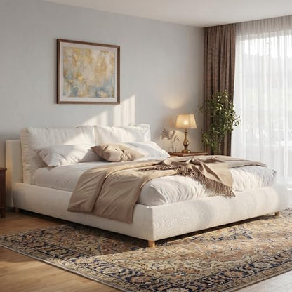 Merax King Boucle Platform Bed with 2 Removable Headboard Pillows, White