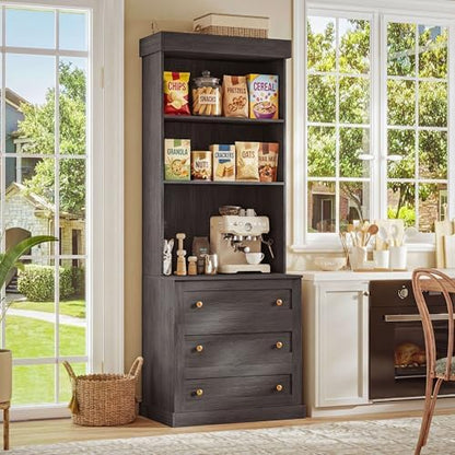 Vyre 71" Farmhouse Kitchen Pantry Cabinet Set of 2, Black Freestanding Coffee Bar Hutch with Drawers & Adjustable Shelves, Large Storage Cabinet with Microwave Stand for Kitchen