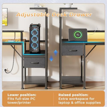 Korfile 54" Computer Desk with Power Outlets, LED, Side Hooks, CPU Stand