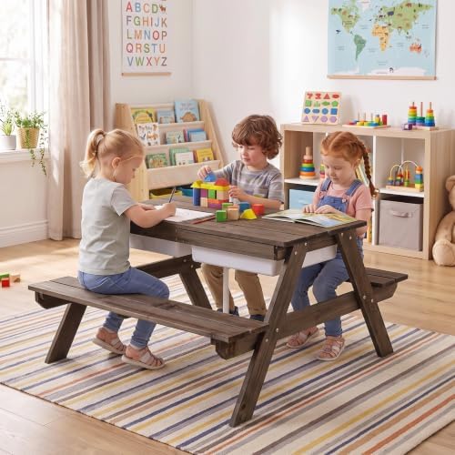 HONEY JOY Kids Picnic Table, 4 in 1 Cedar Wooden Sand & Water Table w/ 3 Removable Box & Umbrella, Kids Picnic Tables for Outdoors Backyard Garden, Toddler Patio Furniture Set for Boys Girls(Red)