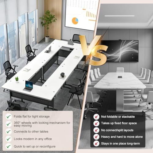 Conference Table, Folding Conference Room Tables with Wheels, Modular Flip Top Nesting Training Table, Modern Rolling Meeting Stackable Tables for Mobile Office Boardroom Classroom, White 4Pack