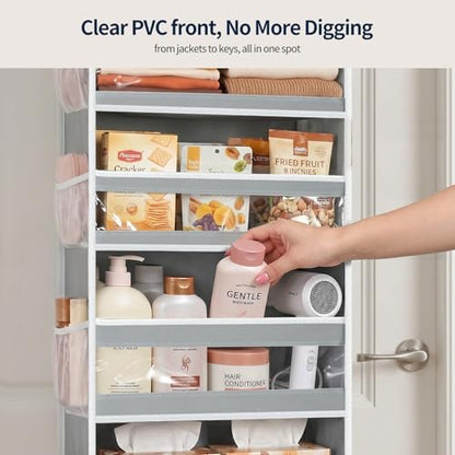 Yecaye 7 Tier Over the Door Organizer, Large Capacity Door Organizer Hanging with Clear PVC Windows, Behind the Door Storage for Bedroom Nursery Closet Laundry Pantry Bathroom, Grey