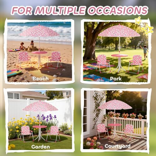 Qaba Kids Picnic Table and Chair Set Outdoor Unicorn and Rainbow Pink