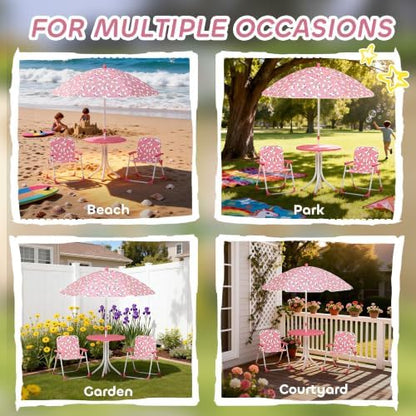 Qaba Kids Picnic Table and Chair Set Outdoor Unicorn and Rainbow Pink