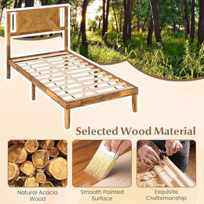 KOMFOTT Twin Size Wood Bed Frame with Headboard, Solid Acacia Wood Platform Bed Frame, Wooden Slats Supported Bed Base with Under-Bed Storage Space, No Box Spring Needed Mattress Foundation