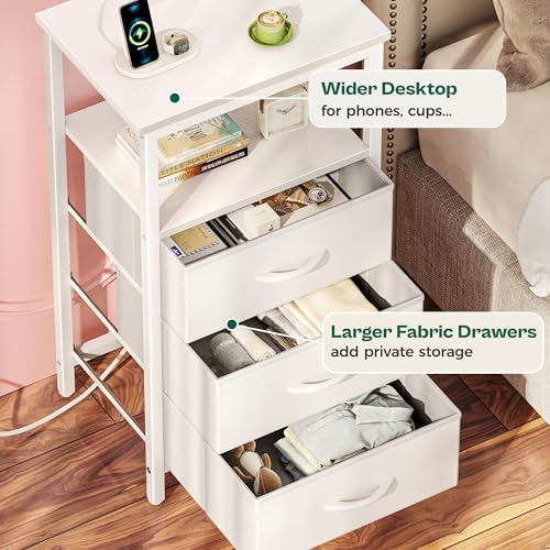 Huuger Night Stand with Charger Station and LED Lights, 3 Drawer Nightstand