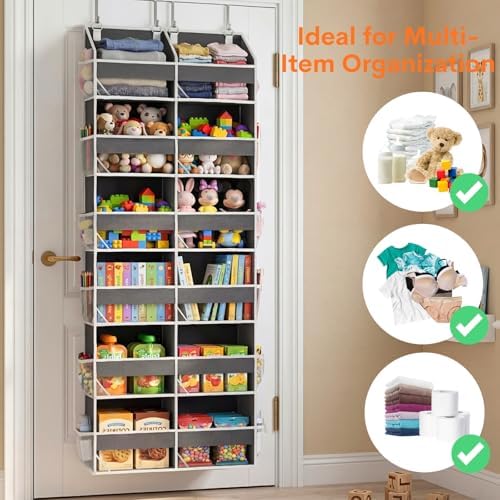 2 Pack Over The Door Organizer 6 Tiers, Extra Large Behind Door Storage of 12 Compartments, 80 lbs Weight Capacity Hanging Storage Organizer with Clear Window Kids Toys,Shoes (6 Tiers - Grey)