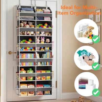 2 Pack Over The Door Organizer 6 Tiers, Extra Large Behind Door Storage of 12 Compartments, 80 lbs Weight Capacity Hanging Storage Organizer with Clear Window Kids Toys,Shoes (6 Tiers - Grey)
