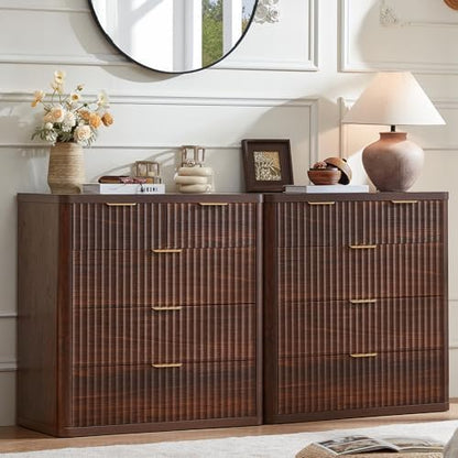 LEYAOYAO Fluted 5 Drawers Dresser for Bedroom Set of 2, 34" Tall Modern Chest of Drawers with Metal Handle, Curved Profile Design,Walnut Wood Drawer Organizer for Bedroom, Living Room, Hallway