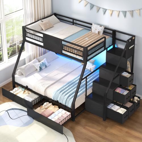 Bunk Bed Twin Over Full with Stairs, Storage Drawers and LED Lights