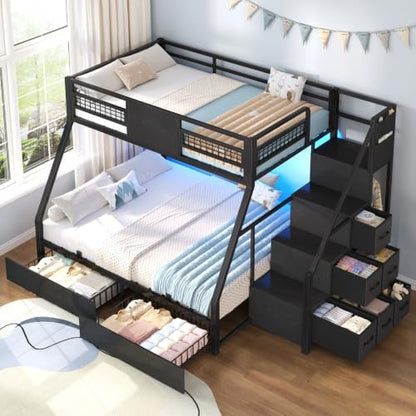 Bunk Bed Twin Over Full with Stairs, Storage Drawers and LED Lights