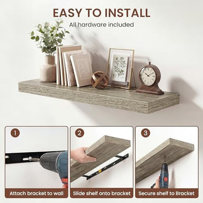 Dreamland 24 Inches Floating Shelves for Wall,9.3" Deep Long Floating Shelves Set of 2,Large Display & Storage Shelf,Wall Shelf for Bathroom Bedroom Living Room Kitchen Office,Grey