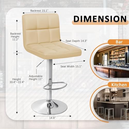 Homall Bar Stools Set of 2, Modern PU Leather Adjustable Swivel Barstools with Back & Metal Base, Upholstered Hydraulic Island Chairs, Armless Counter Height Bar Stools for Kitchen (Beige)