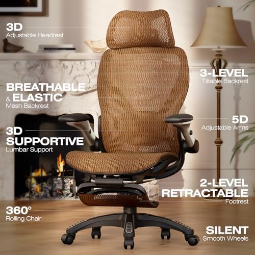 ELABEST X100 Ergonomic Mesh Office Chair with Footrest, Big and Tall Home Desk Chair with 5D Flip-Up Arms