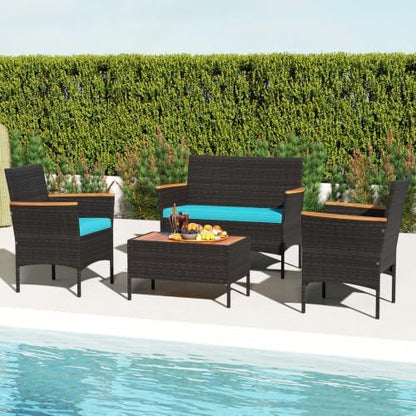 Tangkula 4 Pieces Patio Wicker Sofa Set, 2 Rattan Chairs & Loveseat w/Coffee Table, Acacia Wood Armrests & Tabletop, Outdoor Cushioned Conversation Set for Backyard, Poolside (Turquoise, 4 Pieces)