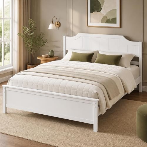 KOMFOTT Queen Size Bed Frame with Headboard, Wood Platform Bed (White)