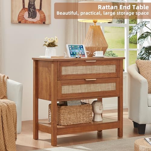 LEYAOYAO 31.5" Wide Rattan Night Stand with Charger Station, Boho