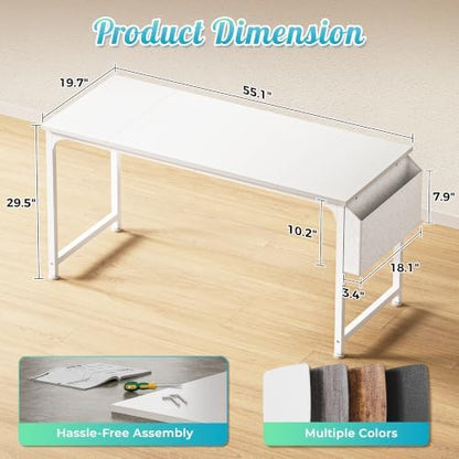 PRAISUN 55'' Computer Desk with Fabric Storage Bag & 2 Hooks