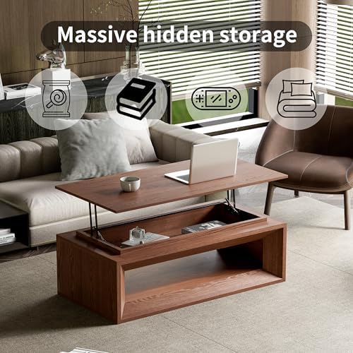 43.3'' Lift Top Coffee Table with Storage, Mid Century Modern Wood Rectangle Coffee Table with Floating Tabletop,Coffee Table with Lifting Top for Living Room,Apartment Home Office, Walnut