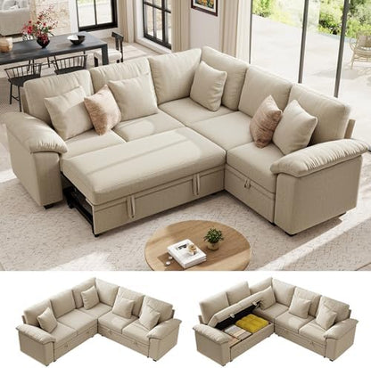Ihanherry 86" Modular Sectional Sofa with Pull Out Bed, 5-Seater L Shaped Sectional Sleeper Couch with Storage, Chenille Convertible Couches for Living Room, Apartment (Sand)