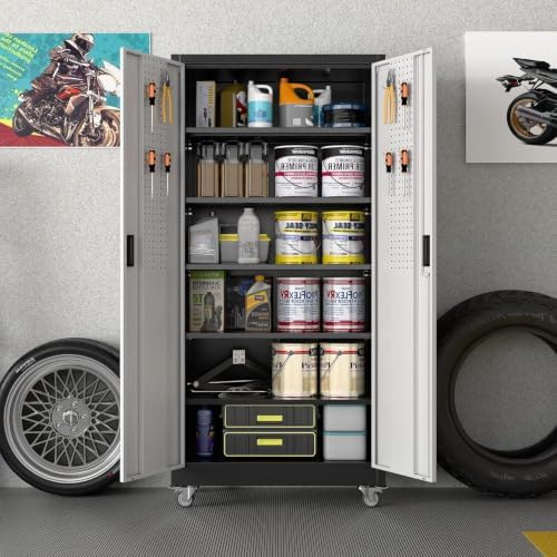 Metal Garage Storage Cabinets with Wheels,5 Adjustable Shelves 71"X34"X18"