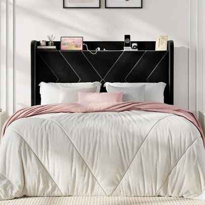 SHA CERLIN Queen Bed Frame, Velvet Upholstered Platform Bed Frame with Wingback Storage Headboard & Charging Station, Geometric Tufted Design, No Box Spring Needed, Easy Assembly, Black