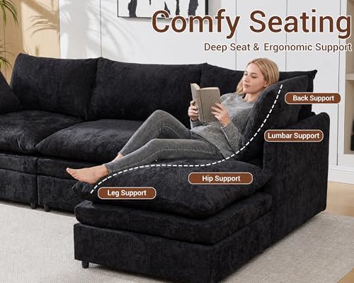 97" Cloud Couch Sectional Sofas for Living Room, U Shape Modular Cloud Sofa with Movable Ottoman, Chenille Comfy Couches 5 Deep Seats for Apartment, Office, Bedroom, Black