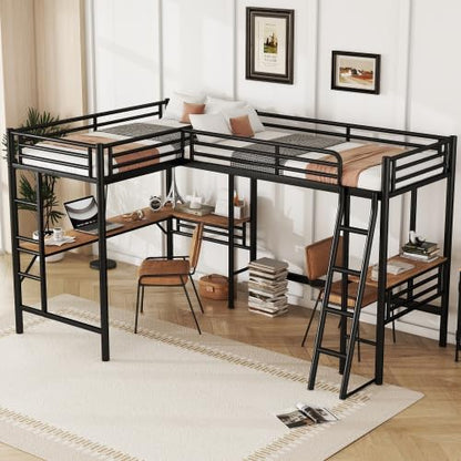 Twin Size Metal Loft Bed with Built-in Desk and Safety Guardrails, Black