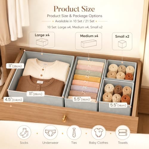 Drawer Organizer Storage for Clothes, Socks, 10 Pack, Grey