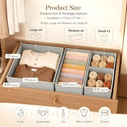 Drawer Organizer Storage for Clothes, Socks, 10 Pack, Grey