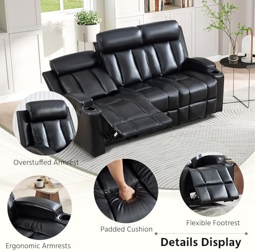 HAOMARKETS 2-Piece Manual Recliner Sofa Set, Included Single Recliner Chair and 3-Seater Reclining Couches, Overstuffed Pu Leather Reclining Couches with Cup Holders for Living Room, Black